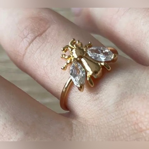 Platinum Plated Bee Ring With Diamond Wing Accents - Picture 4 of 5